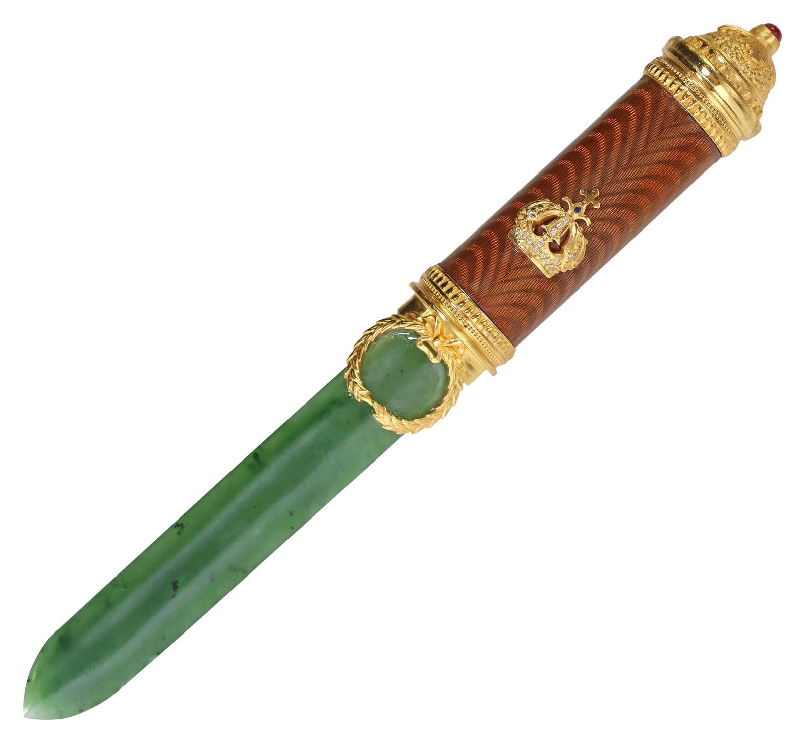 DECORATIVE FABERGE-STYLE GUILLOCHE ENAMEL, GREEN HARDSTONE & SILVER-GILT LETTER OPENER (1 of 7)