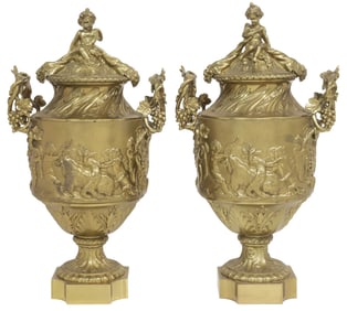 (2) VERY FINE FRENCH NEOCLASSICAL STYLE ORMOLU URNS & COVERS, 21"H