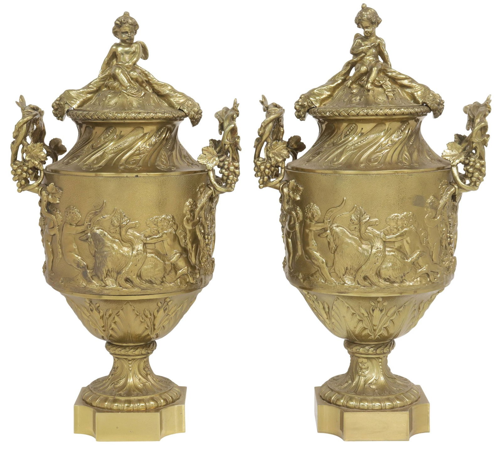 (2) VERY FINE FRENCH NEOCLASSICAL STYLE ORMOLU URNS & COVERS, 21"H: (pair) Fine French Grand Tour style bronze dore urns and covers, late 19th c., the finial with a winged cherub flanked by cornucopias, sitting atop the foliated cover, the stippled body with a narrati