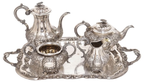 (5) ENGLISH VICTORIAN STERLING SILVER TEA & COFFEE SERVICE WITH SILVERPLATE TRAY