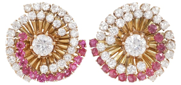 ESTATE 18KT YELLOW GOLD, 5.68CTTW DIAMOND & RUBY WHIRL EARRINGS