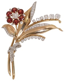 ESTATE 14KT GOLD, PLATINUM 5.76CTTW GARNET & 4.95CTTW DIAMOND BROOCH