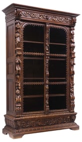 FRENCH RENAISSANCE REVIVAL CARVED OAK BOOKCASE