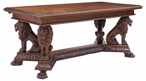 ITALIAN RENAISSANCE REVIVAL CARVED WALNUT LIONS EXTENSION TABLE