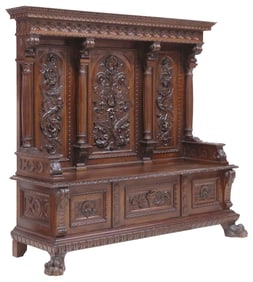 ITALIAN RENAISSANCE REVIVAL CARVED WALNUT HALL BENCH