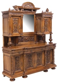 LARGE ITALIAN RENAISSANCE REVIVAL CARVED & MIRRORED WALNUT SIDEBOARD, 102.5"H