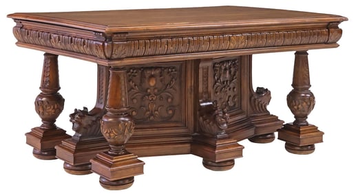 ITALIAN RENAISSANCE REVIVAL CARVED WALNUT EXTENSION TABLE, 151.5"L