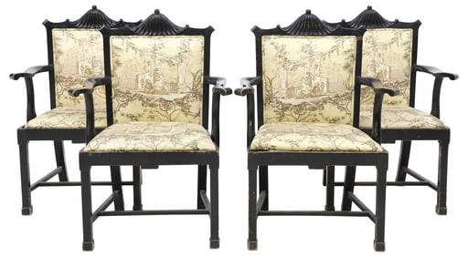 (4) CHINESE CHIPPENDALE STYLE BLACK LACQUER CUSTOM-UPHOLSTERED ARMCHAIRS