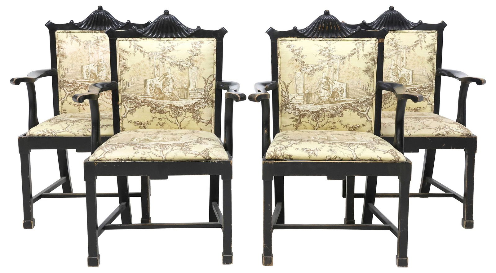(4) CHINESE CHIPPENDALE STYLE BLACK LACQUER CUSTOM-UPHOLSTERED ARMCHAIRS (1 of 3)