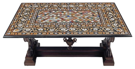 RENAISSANCE REVIVAL WALNUT & PIETRA DURA INLAID TRESTLE TABLE