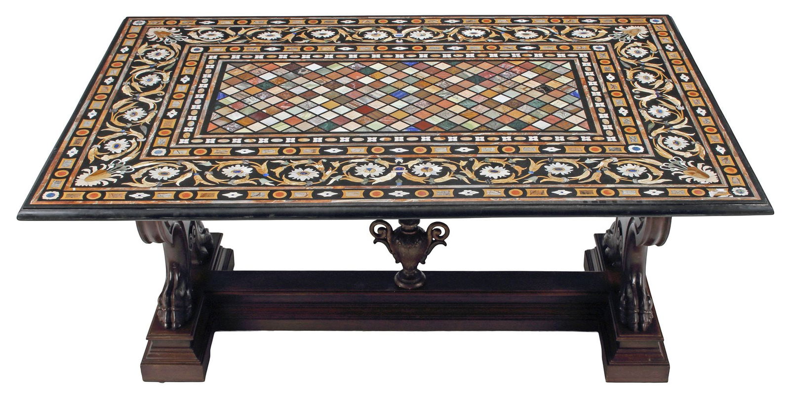 RENAISSANCE REVIVAL WALNUT & PIETRA DURA INLAID TRESTLE TABLE (1 of 6)