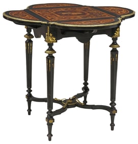 FRENCH NAPOLEON III PERIOD EBONIZED MARQUETRY DROP-LEAF SIDE TABLE