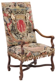 FRENCH LOUIS XIV STYLE ECCLESIASTICAL TAPESTRY-UPHOLSTERED ARMCHAIR
