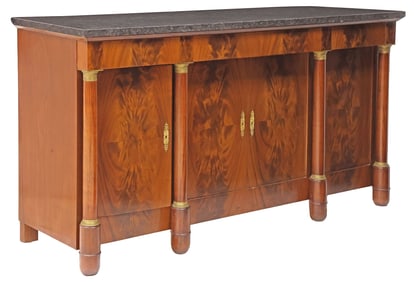 FRENCH EMPIRE STYLE MARBLE-TOP FIGURED MAHOGANY SIDEBOARD