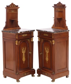 (2) FRENCH EMPIRE MARBLE-TOP GILT METAL MOUNTED MAHOGANY BEDSIDE CABINETS