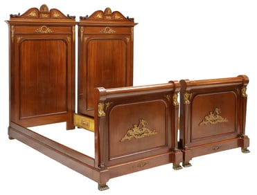 (2) FRENCH EMPIRE STYLE MAHOGANY & GILT-METAL BEDS