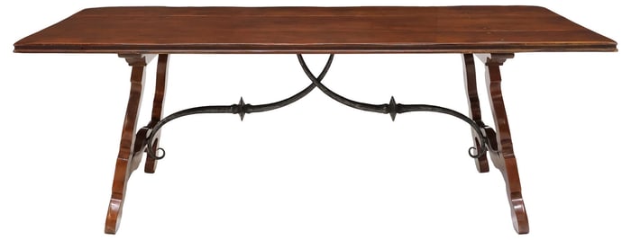SPANISH BAROQUE STYLE MAHOGANY & WROUGHT IRON DINING TABLE, 84"L