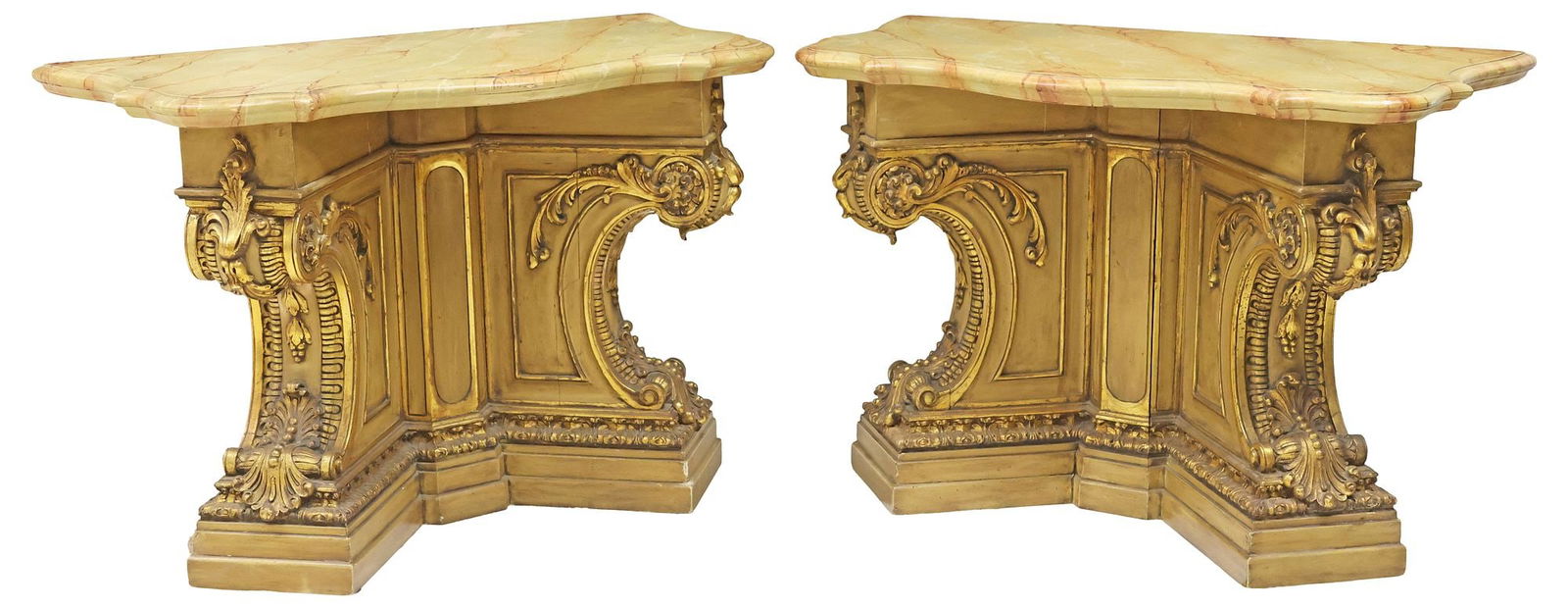 (2) VENETIAN PARCEL-GILT & MARBLEIZED PAINT-DECORATED CONSOLE TABLES: (pair) Venetian parcel-gilt and paint-decorated console tables, early 20th c., each with shaped top in a marbleized painted finish, on angular foliated scroll base, ending on conforming stepped plinth