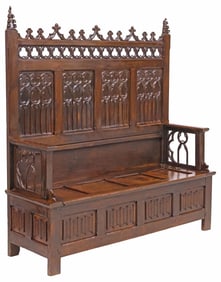 FRENCH GOTHIC REVIVAL CARVED OAK HIGHBACK HALL BENCH