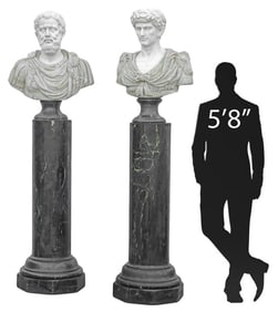 (2) CLASSICAL STYLE MARBLE BUSTS ON PEDESTALS, MARCUS AURELIUS & JULIUS CAESAR, 84.5"H
