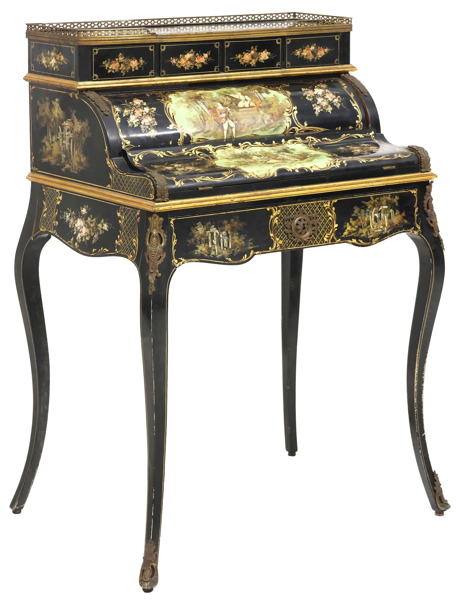 FRENCH LOUIS XV STYLE PARCEL-GILT & INLAID LACQUER BONHEUR DU JOUR (1 of 8)
