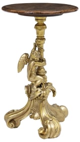 FIGURAL CARVED WINGED CHERUB OAK & GILT PAINTED STAND / PEDESTAL