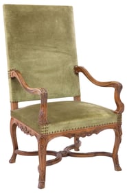 FRENCH REGENCE STYLE UPHOLSTERED WALNUT HIGH-BACK ARMCHAIR