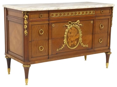 FRENCH LOUIS XVI STYLE MARBLE-TOP INLAID COMMODE