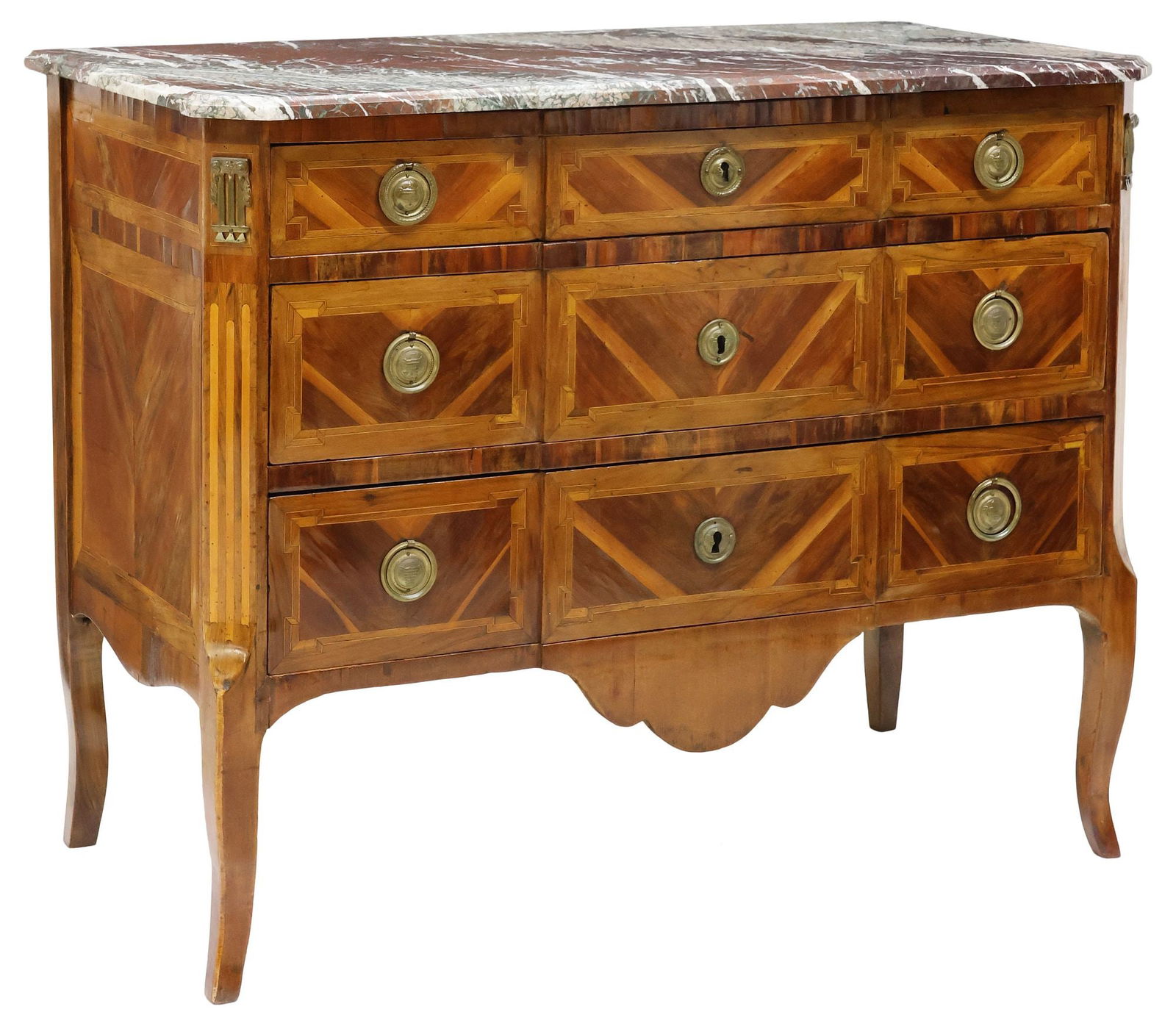FRENCH LOUIS XV STYLE MARBLE-TOP WALNUT & PARQUETRY COMMODE (1 of 5)