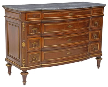 JEANSELME & GODIN NEOCLASSICAL STYLE MARBLE-TOP WALNUT COMMODE