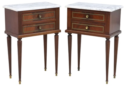 (2) FRENCH LOUIS XVI STYLE MARBLE-TOP MAHOGANY NIGHTSTANDS