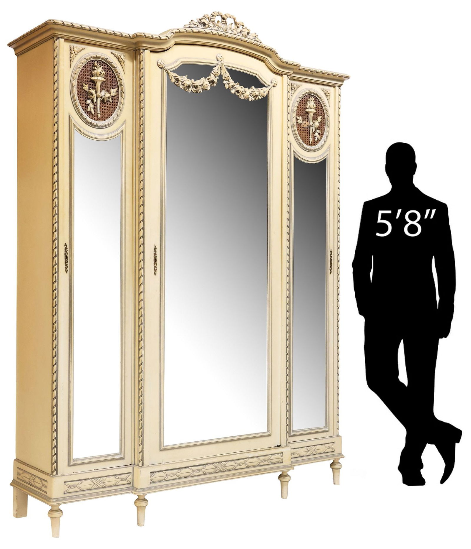 FRENCH LOUIS XVI STYLE MIRRORED BREAKFRONT ARMOIRE, 90.5"H (1 of 8)