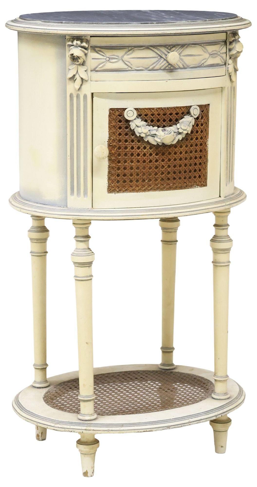 FRENCH LOUIS XVI STYLE MARBLE-TOP CANED & PAINTED BEDSIDE CABINET (1 of 5)