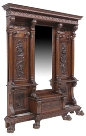 ITALIAN RENAISSANCE REVIVAL CARVED WALNUT MIRRORED HALL TREE