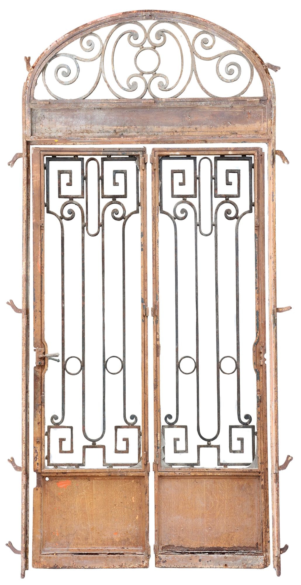 (3) LARGE ARCHITECTURAL WROUGHT IRON DOORS & ARCHWAY, 131"H: (lot of 3) Architectural wrought iron doors and frame, with remnants of a worn, black-painted finish, having scrollwork archway, framing the doors with Greek key tracery and scrolled paneling, (one) e