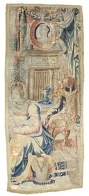 FLEMISH TAPESTRY FRAGMENT, COURTLY LADY IN LAVISH INTERIOR, 18TH C.