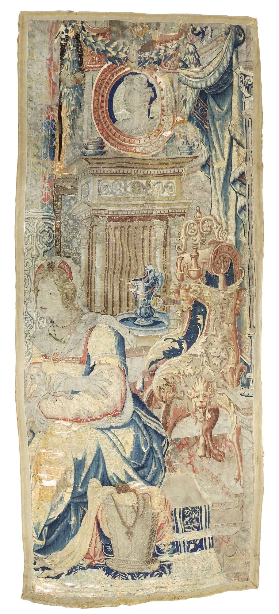 FLEMISH TAPESTRY FRAGMENT, COURTLY LADY IN LAVISH INTERIOR, 18TH C. (1 of 5)