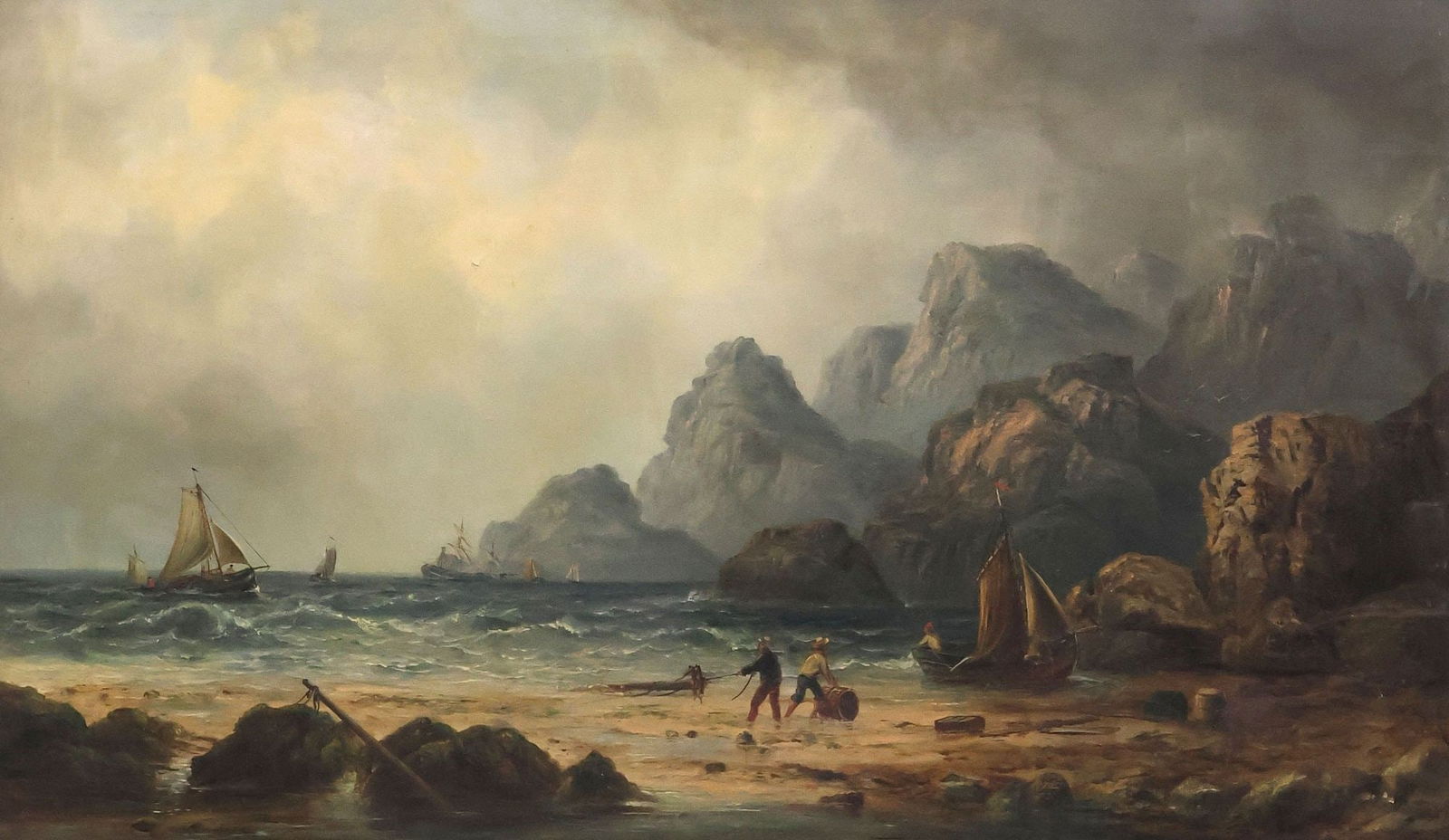 MILLSON HUNT (D.1900) PAINTING, FISHERMEN IN COASTAL SEASCAPE, 30" X 50" (1 of 4)