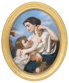 FRENCH SCHOOL OIL PASTEL, MOTHER & CHILD WITH GRAPES, DATED 1865