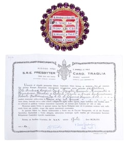 ENCRUSTED THECA RELIQUARY CONTAINING 1ST-CLASS RELICS OF 7 SAINTS WITH COA