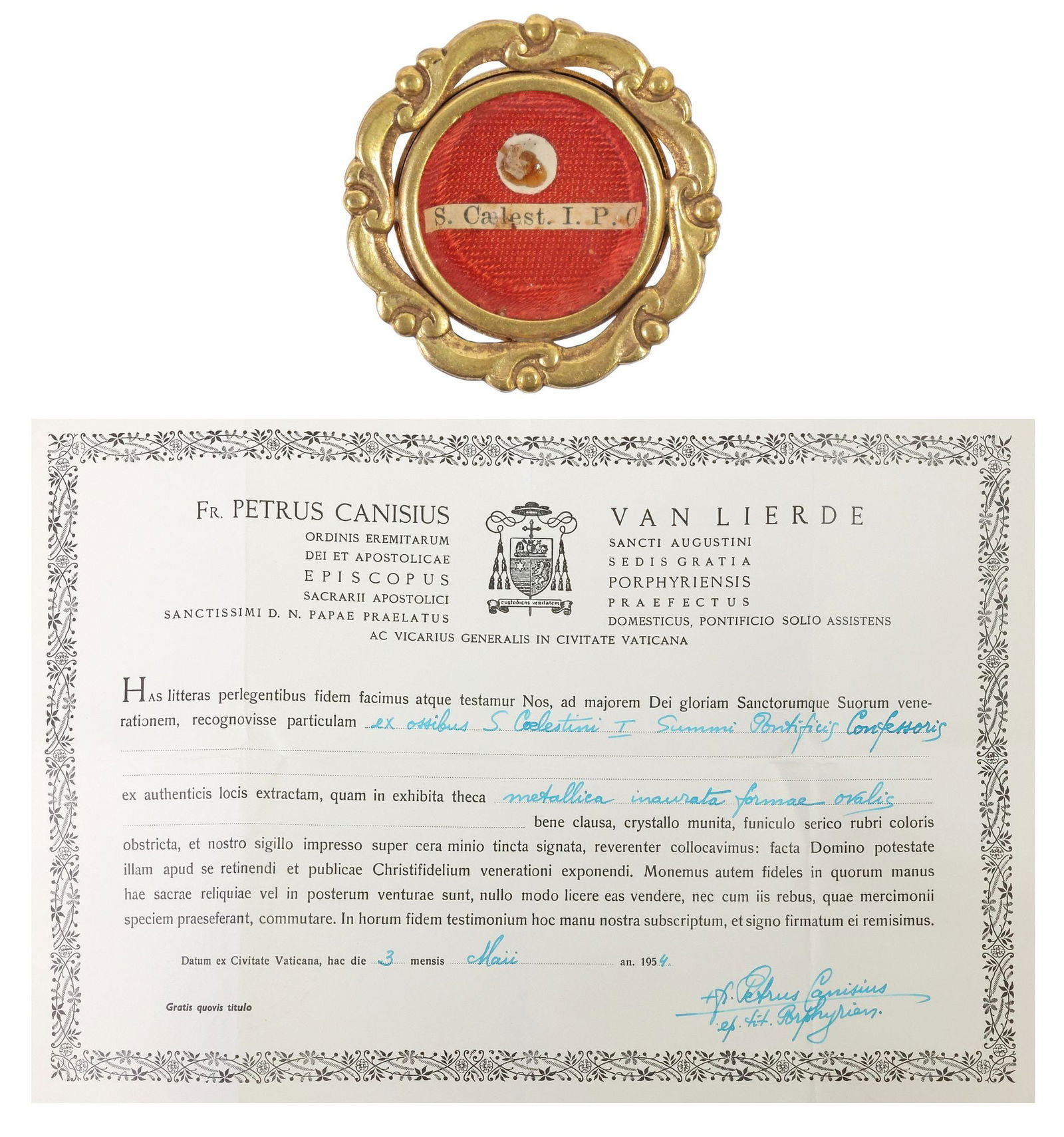 1ST-CLASS RELIC OF POPE CELESTINE I IN THECA RELIQUARY WITH COA: First-class (ex ossibus) relic of Saint Celestine I, Supreme Pontiff and Confessor (Rome, c.359-432), housed in a gilt-metal theca reliquary, red wax seal with Petrus Canisius van Lierde's coat of