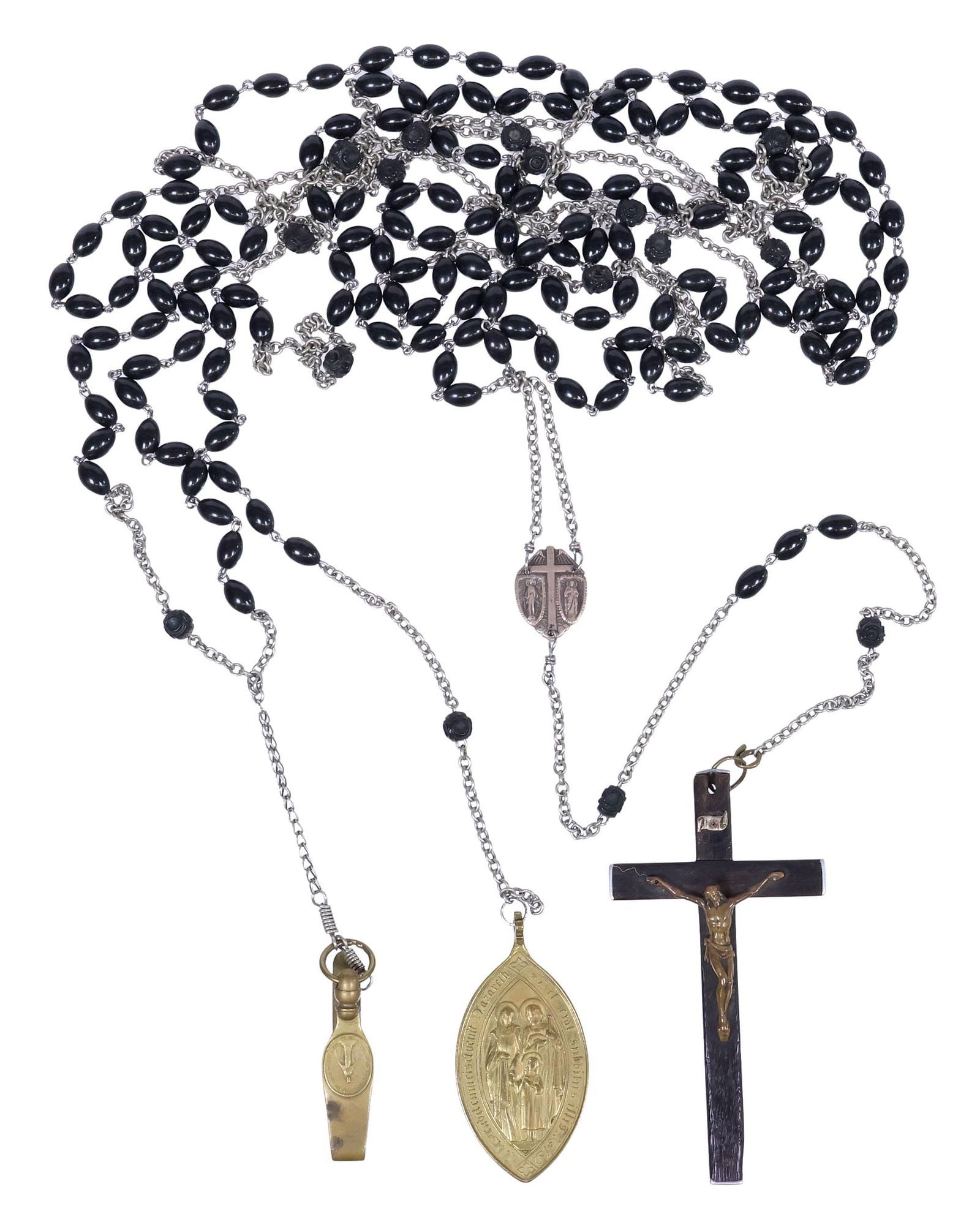 DOMINICAN 15-DECADE FULL ROSARY WITH BELT CLIP, EBONY CRUCIFIX & PENDANTS (1 of 3)