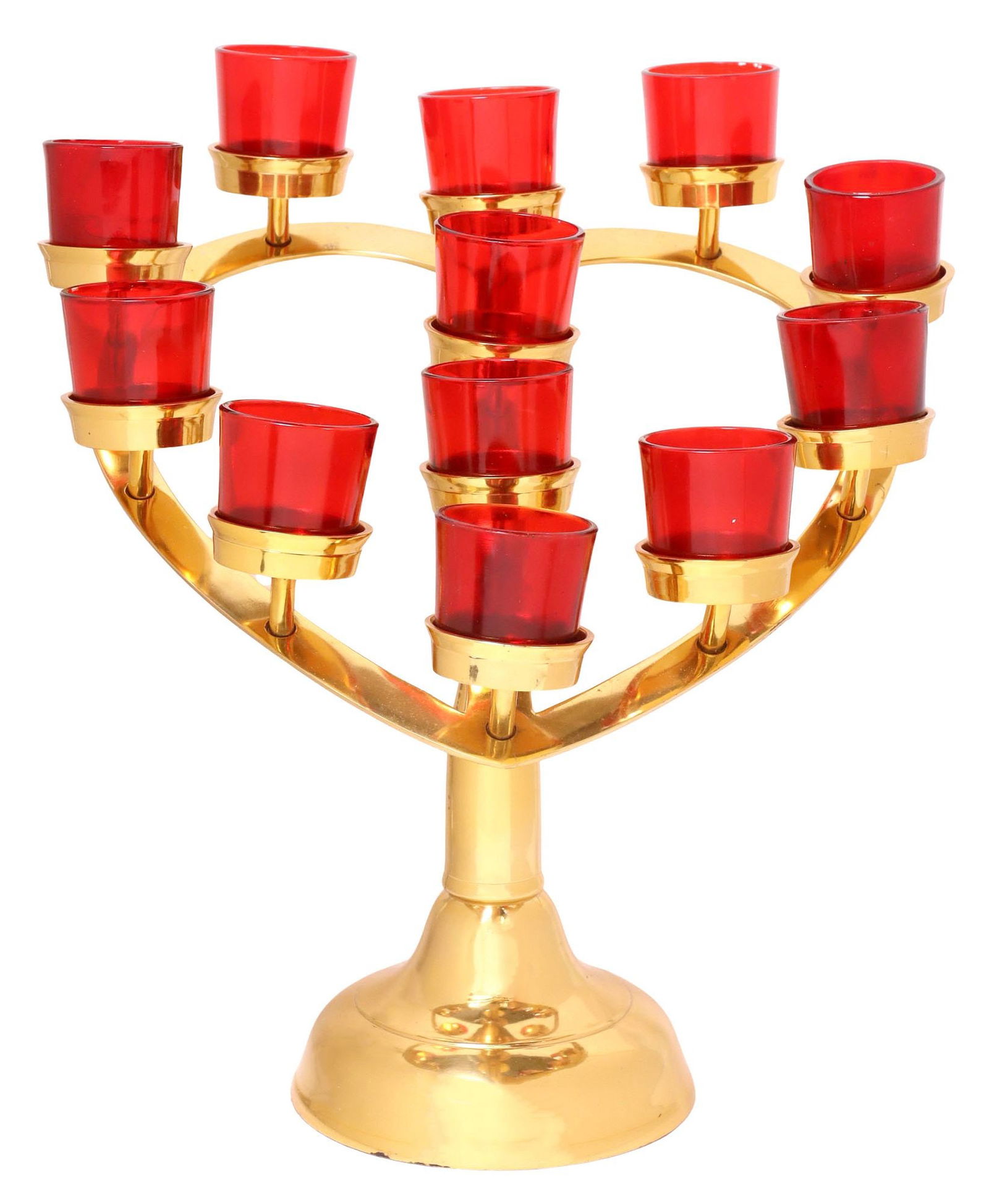 LARGE GILT METAL HEART-SHAPED ALTAR VOTIVE CANDLE STAND, 14"H: Gilt metal altar candle votive, 20th c., heart-shaped top with twelve tiered candle holders and red glass candle cups, rising on rounded base, approx 13.75"h, 14"w, 11.5"d, 10.5lbs **Provenance: from