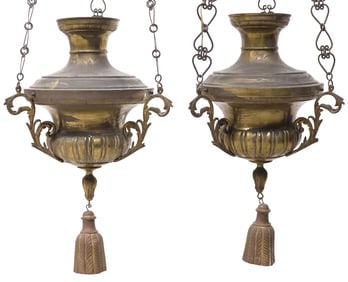 (2) ITALIAN PATINATED BRASS HANGING SANCTUARY LAMPS