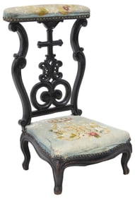 FRENCH CARVED & EBONIZED NEEDLEPOINT PRIE DIEU / PRAYER KNEELER