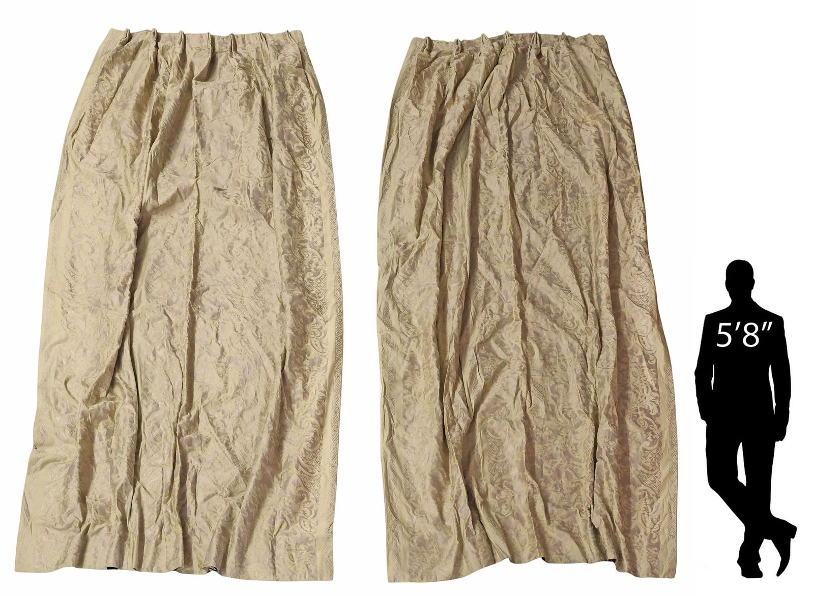 (PR) CUSTOM FORTUNY (ATTRIB.) 'CARNAVALET' CURTAINS, 120"L X 40"W: (pair) Custom-made curtains, upholstered in a designer fabric attributed to Fortuny, in the "Carnavalet" pattern, each having sewn-in pleats and silver-toned hooks at top, lined with white f