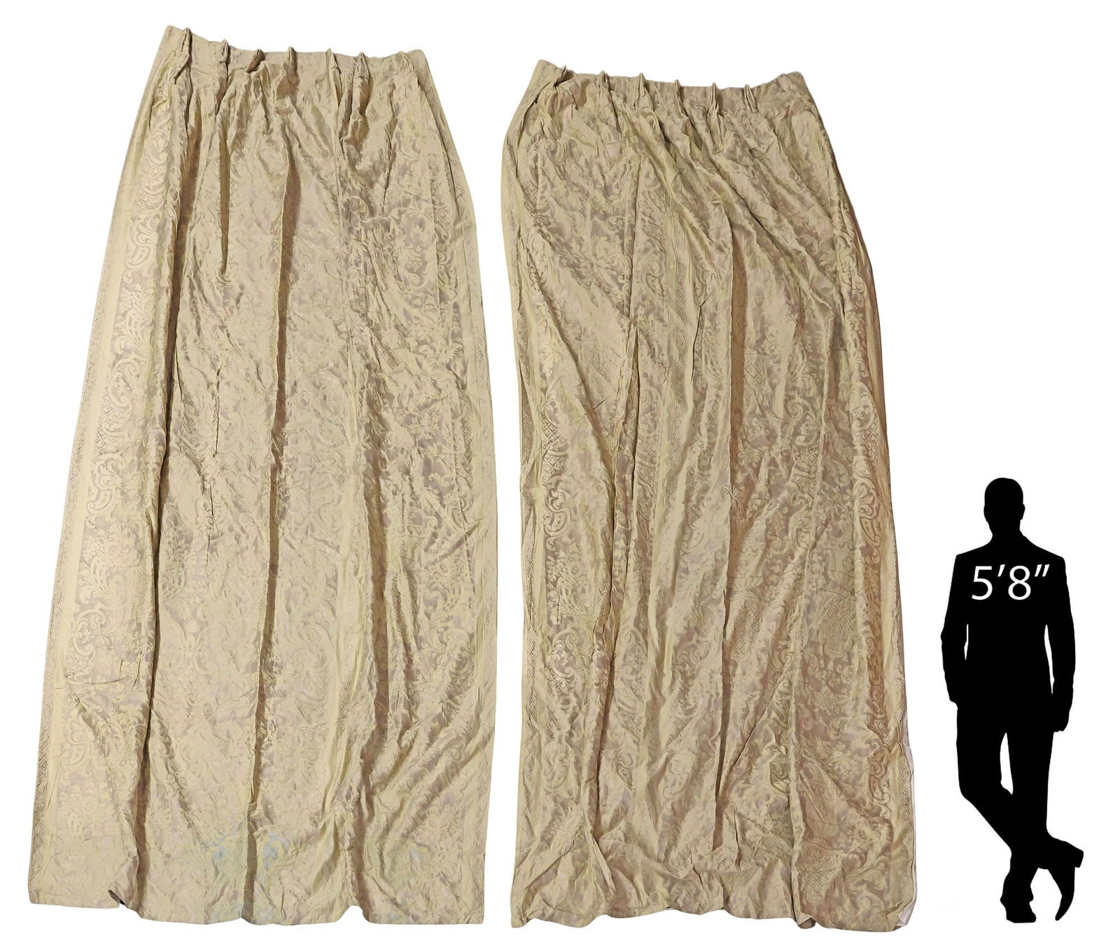 (PR) DESIGNER FORTUNY (ATTRIB.) 'CARNAVALET' CURTAINS, 130"L X 40"W: (pair) Custom-made curtains, upholstered in a designer fabric attributed to Fortuny, in the "Carnavalet" pattern, each having sewn-in pleats and silver-toned hooks at top, lined with white f