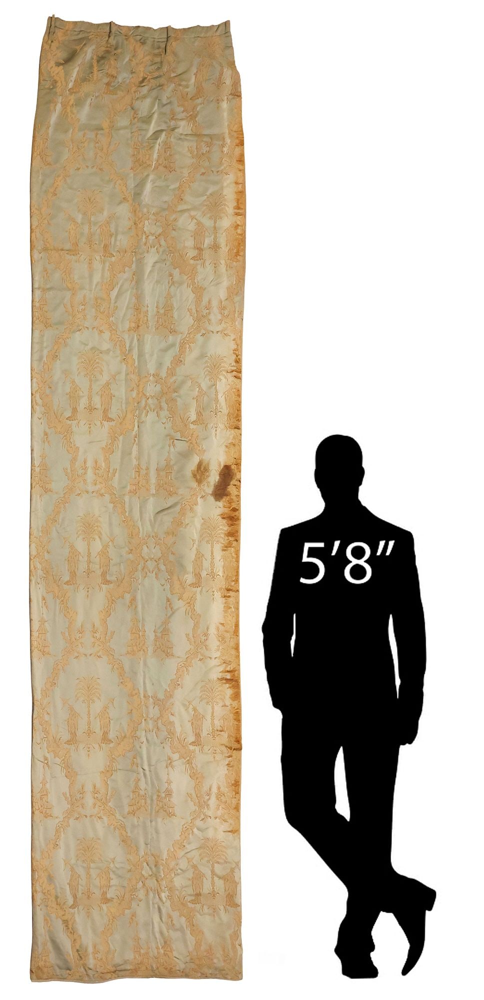 CUSTOM SCALAMANDRE (ATTRIB.) 'FENG SHUI' CHINOISERIE SILK CURTAIN PANEL: Custom-made curtain panel, upholstered in a designer fabric attributed to Scalamandre, in the "Feng Shui" pattern (#26621), having sewn-in pleats and silver-toned hardware at top, lined with