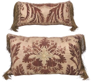 (2) FORTUNY (ATTRIB.) 'GLICINE' & ANTIQUE VESTMENT DOWN-FILLED THROW PILLOWS