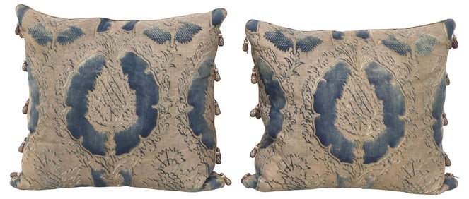 (2) DESIGNER FORTUNY (ATTRIB.) DAMASK DOWN-FILLED THROW PILLOWS